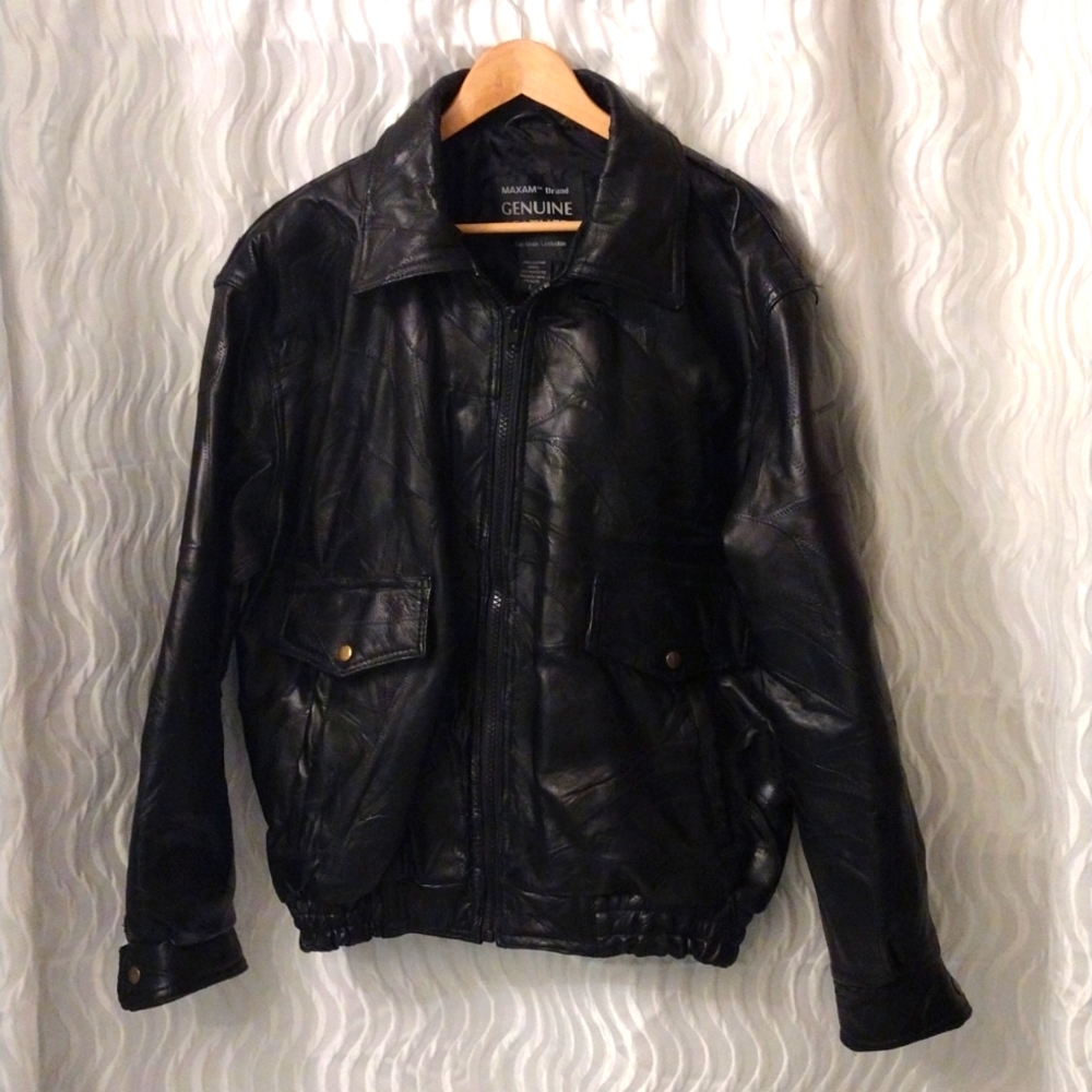 VTG Maxam Genuine Top Grain Lambskin Leather L Biker Jacket Bomber Mosaic